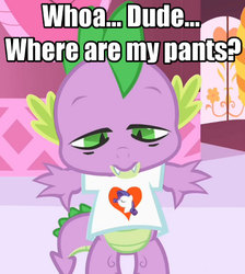 Size: 446x498 | Tagged: safe, artist:johnpony, spike, dragon, g4, bottomless, clothes, high, image macro, male, solo, stoner spike, t-shirt, we don't normally wear clothes