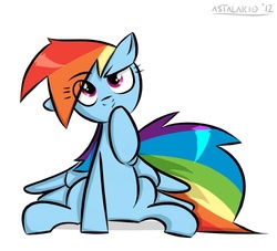 Size: 500x454 | Tagged: safe, artist:astalakio, rainbow dash, pegasus, pony, g4, confused, eye clipping through hair, female, mare, sitting, solo