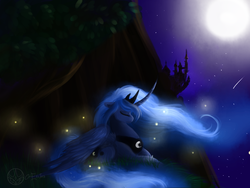 Size: 1024x768 | Tagged: safe, artist:aeritus, firefly, princess luna, alicorn, pony, g4, canterlot, eyes closed, female, folded wings, lying down, moon, night, shooting star, solo, stars, wings