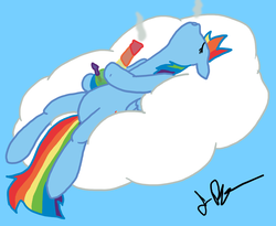 Size: 1000x819 | Tagged: safe, artist:the-kinetic, rainbow dash, pegasus, pony, g4, bong, bong dong, cloud, drugs, female, lying down, lying on a cloud, marijuana, on a cloud, on back, pot, rainbow, rainbow hash, relaxed, smoking, solo, unfortunate design