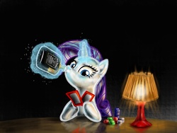 Size: 1024x768 | Tagged: dead source, safe, artist:xx-mr-no-name-xx, rarity, pony, g4, alcohol, bottle, female, jack daniels, magic, poker, solo, whiskey