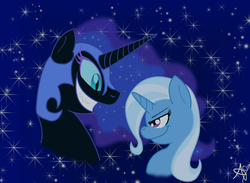 Size: 967x709 | Tagged: safe, artist:universal-tiger, nightmare moon, trixie, g4, grin, smiling