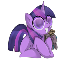 Size: 2664x2128 | Tagged: safe, artist:prozenconns, smarty pants, twilight sparkle, pony, g4, female, filly, filly twilight sparkle, grin, happy, high res, hug, prone, simple background, smiling, solo, squee, transparent background, younger