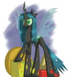 Size: 2681x3000 | Tagged: dead source, safe, artist:prozenconns, queen chrysalis, changeling, changeling queen, g4, cheese, crown, female, frown, high res, jewelry, raised hoof, regalia, simple background, solo, standing, transparent background