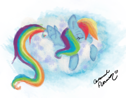 Size: 2181x1700 | Tagged: safe, artist:caramelflower, rainbow dash, pegasus, pony, g4, cloud, female, mare, sleeping, solo