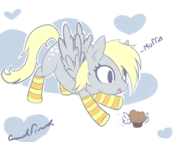 Size: 983x791 | Tagged: safe, artist:caramelflower, derpy hooves, pegasus, pony, g4, clothes, female, happy, mare, muffin, socks, solo, striped socks, that pony sure does love muffins