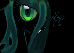 Size: 1111x796 | Tagged: dead source, safe, artist:caramelflower, queen chrysalis, changeling, changeling queen, g4, black background, bust, fangs, female, looking at you, signature, simple background, smiling, solo