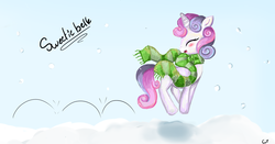 Size: 1393x731 | Tagged: safe, artist:caramelflower, sweetie belle, g4, clothes, happy, scarf