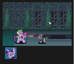 Size: 258x222 | Tagged: safe, artist:cyberguy64, spike, twilight sparkle, g4, animated, clock tower (video game), parody, scissorman, video game