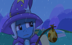 Size: 1900x1200 | Tagged: safe, artist:galaxyart, trixie, pony, unicorn, g4, bindle, crying, rain, solo