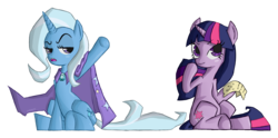 Size: 1894x943 | Tagged: safe, artist:juanrock, trixie, twilight sparkle, pony, unicorn, g4, cape, clothes, duo, duo female, female, mare, simple background, transparent background, trixie's cape, unicorn twilight