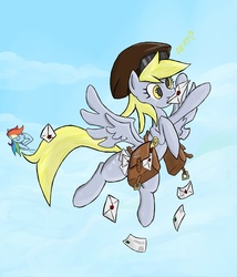Size: 1000x1167 | Tagged: safe, artist:juanrock, derpy hooves, rainbow dash, pegasus, pony, g4, bag, duo, female, flying, letter, mare, mouth hold, saddle bag