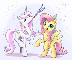 Size: 1015x849 | Tagged: safe, artist:gsphere, fleur-de-lis, fluttershy, pegasus, pony, unicorn, g4, confetti, cute, female, hat, mare, party, party hat, party horn