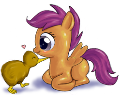 Size: 971x766 | Tagged: safe, artist:rocketknightgeek, scootaloo, bird, kiwi, g4, cute, eyes closed, female, heart, prone, scootaloo can't fly, smiling, solo