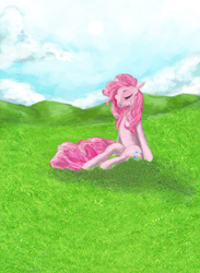 Size: 900x1230 | Tagged: safe, artist:banananamilk, pinkie pie, earth pony, semi-anthro, g4, female, field, grass, mare, sitting, solo