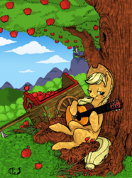 Size: 800x1078 | Tagged: safe, artist:gimoody, applejack, earth pony, pony, g4, apple, cart, female, guitar, musical instrument, sitting, solo, tree, wagon