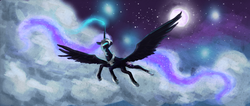 Size: 1650x700 | Tagged: safe, artist:banananamilk, nightmare moon, alicorn, pony, g4, cloud, ethereal mane, ethereal tail, female, flying, full moon, glowing, glowing eyes, helmet, hoof shoes, large wings, magic, mare, moon, night, night sky, peytral, sky, solo, tail, turned head, wings