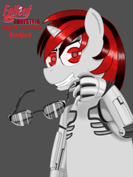 Size: 3750x5000 | Tagged: safe, artist:8aerondight8, oc, oc only, oc:blackjack, cyborg, pony, unicorn, fallout equestria, fallout equestria: project horizons, amputee, cybernetic legs, deal with it, fanfic, fanfic art, female, hooves, horn, level 1 (project horizons), mare, smiling, solo, sunglasses, teeth, text