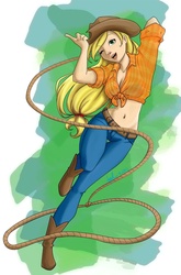 Size: 924x1400 | Tagged: safe, artist:angelemlin, applejack, human, g4, applejack's hat, belly button, boots, cowboy boots, cowboy hat, female, hat, humanized, lasso, midriff, rope, solo, wink