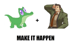 Size: 1299x785 | Tagged: safe, gummy, human, g4, ace attorney, detective gumshoe, dick gumshoe, exploitable meme, make it happen, meta