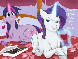 Size: 1400x1050 | Tagged: safe, artist:cartoonlion, rarity, twilight sparkle, romance reports, g4, bed, chocolates, fanfic, female, lesbian, rarity's bedroom, ship:rarilight, shipping, wine