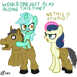 Size: 1024x1024 | Tagged: safe, artist:derkrazykraut, artist:elslowmo, bon bon, lyra heartstrings, sweetie drops, earth pony, horse, pony, unicorn, g4, 2012, bon bon is not amused, cosplay, costume, dialogue, pantomime horse, quadsuit, roleplaying, simple background, two-person costume, white background