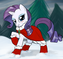 Size: 579x542 | Tagged: safe, artist:naroclie, artist:tggeko, rarity, pony, g4, colored, outfit, snow, solo, winter