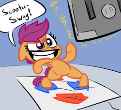 Size: 770x700 | Tagged: safe, artist:elslowmo, artist:tess, scootaloo, pony, g4, colored, dance dance revolution, dancing, female, rhythm game, solo, swag