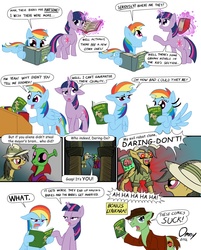 Size: 1000x1244 | Tagged: safe, artist:omny87, daring do, rainbow dash, twilight sparkle, alien, earth pony, pegasus, pony, robot, unicorn, g4, atop the fourth wall, bizarro, book, brain in a jar, butt, clothes, comic, evil clone, evil twin, female, glasses, goatee, hat, hilarious in hindsight, homestar runner, linkara, male, mare, plot, ponified, reading, simple background, slice of life, stallion, unicorn twilight, white background