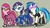 Size: 861x478 | Tagged: safe, artist:moronsonofboron, dj pon-3, pinkie pie, rarity, vinyl scratch, cyborg, storm princess, g4, clothes, cyberpunk, eyeshadow, glasses, gray background, hmd, horn, horn ring, looking at each other, makeup, pinkamena diane pie, raised hoof, simple background