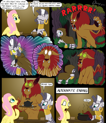 Size: 1200x1383 | Tagged: safe, artist:omny87, fluttershy, manny roar, zecora, manticore, pegasus, pony, zebra, g4, comic, dark comedy, dead, death, female, hypnosis, mare, sitting, slice of life, wide eyes