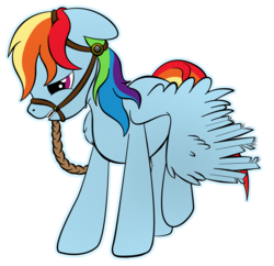 Size: 1660x1604 | Tagged: safe, artist:zomgitsalaura, rainbow dash, pony, bridle gossip, g4, my little pony: friendship is magic, bit, bridle, clipped wings, dashed rainbow, female, sad, simple background, solo, tack, transparent background