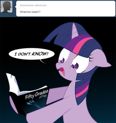 Size: 700x742 | Tagged: safe, artist:peachiekeenie, twilight sparkle, pony, unicorn, g4, book, female, fifty shades of grey, mare, solo