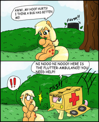 Size: 2171x2692 | Tagged: safe, artist:ciriliko, applejack, fluttershy, earth pony, pegasus, pony, g4, !!!, ambulance, bush, cardboard box, clothes, comic, costume, creeper, cute, exclamation point, female, flutterbox, frush, high res, hnnng, mare, missing accessory, shrunken pupils, shyabetes, surprised, too cute, zas