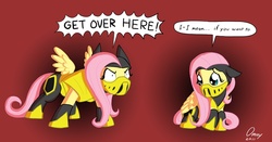 Size: 1000x524 | Tagged: safe, artist:omny87, fluttershy, pegasus, pony, g4, angry, armor, clothes, costume, crossover, cute, dialogue, female, floppy ears, glare, looking away, mortal kombat, prone, scorpion (mortal kombat), shyabetes, signature, solo, spread wings, wide eyes