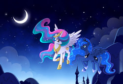 Size: 1100x753 | Tagged: safe, artist:x-chan-, princess celestia, princess luna, alicorn, pony, g4, canterlot, crescent moon, duo, duo female, female, flying, mare, moon, night, royal sisters, sisters, stars