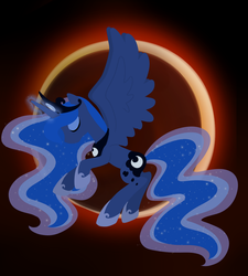 Size: 900x1000 | Tagged: safe, artist:otterlore, princess luna, alicorn, pony, g4, 2014, eclipse, ethereal mane, ethereal tail, eyes closed, female, galaxy, galaxy mane, galaxy tail, horn, princess of the night, solo, spread wings, tail, wings