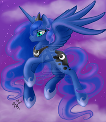 Size: 900x1042 | Tagged: safe, artist:kiss-the-thunder, princess luna, pony, g4, cloud, cloudy, deviantart watermark, female, flying, solo, watermark