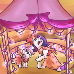 Size: 1000x1000 | Tagged: safe, artist:ponygoggles, rarity, sweetie belle, g4, belle sisters, clothes, cute, diasweetes, dress, duo, duo female, female, flower, flower in hair, gazebo, raribetes, siblings, sisters