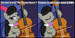 Size: 1315x663 | Tagged: safe, octavia melody, chicken, earth pony, pony, g4, caption, cello, female, image macro, musical instrument, solo, text