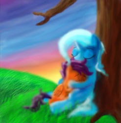 Size: 1267x1280 | Tagged: safe, artist:syntheticearth, scootaloo, trixie, g4, hug, tree