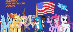 Size: 900x398 | Tagged: safe, artist:kylgrv, applejack, fluttershy, pinkie pie, rainbow dash, rarity, twilight sparkle, g4, 4th of july, american flag, american independence day, context is for the weak, crossover, mane six, pb&j otter, rafiki, the lion king, wat