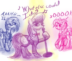 Size: 1000x850 | Tagged: safe, artist:syntheticearth, dj pon-3, octavia melody, pinkie pie, vinyl scratch, g4, billy joel, lyrics, microphone, music, music notes, singing, song, song reference, the longest time