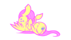 Size: 1280x720 | Tagged: safe, artist:lazy, fluttershy, pegasus, pony, g4, female, floppy ears, hooves to the chest, mare, on back, open mouth, simple background, solo, three quarter view, transparent background, wings