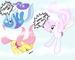 Size: 1280x1024 | Tagged: safe, artist:littlepinkalpaca, fleur-de-lis, fluttershy, trixie, g4, freefall, parachute