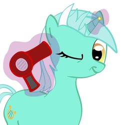 Size: 1026x1059 | Tagged: safe, artist:therecliner27, lyra heartstrings, pony, unicorn, g4, female, hair dryer, levitation, magic, mare, one eye closed, solo, telekinesis