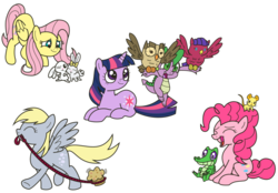 Size: 900x626 | Tagged: safe, artist:kukimao, angel bunny, derpy hooves, fluttershy, gummy, owlowiscious, pinkie pie, spike, twilight sparkle, bird, dragon, earth pony, owl, pegasus, pony, rabbit, unicorn, g4, animal, female, male, mare, muffin, pets, simple background, transparent background, unicorn twilight