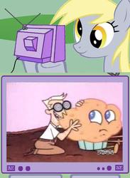 Size: 563x771 | Tagged: safe, derpy hooves, pony, g4, dexter's dad, dexter's laboratory, exploitable meme, food, meme, muffin, tv meme