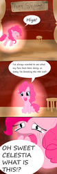 Size: 1000x3000 | Tagged: dead source, safe, artist:cosmicradish, pinkie pie, earth pony, pony, g4, :d, comic, covering mouth, cute, dialogue, diapinkes, disgusted, eyes closed, female, fourth wall, frown, glowing, horrified, lidded eyes, looking at you, mare, open mouth, smiling, solo, speech bubble, talking to viewer, teary eyes, underhoof, wide eyes