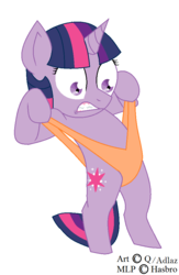 Size: 620x952 | Tagged: safe, artist:adlaz, artist:quarantinedchaoz, twilight sparkle, pony, unicorn, g4, bipedal, clothes, female, mare, self wedgie, solo, wedgie